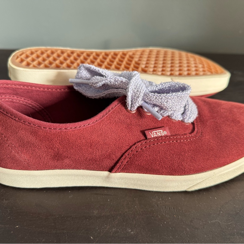 Vans Red Suede Sneakers with Lavender Laces